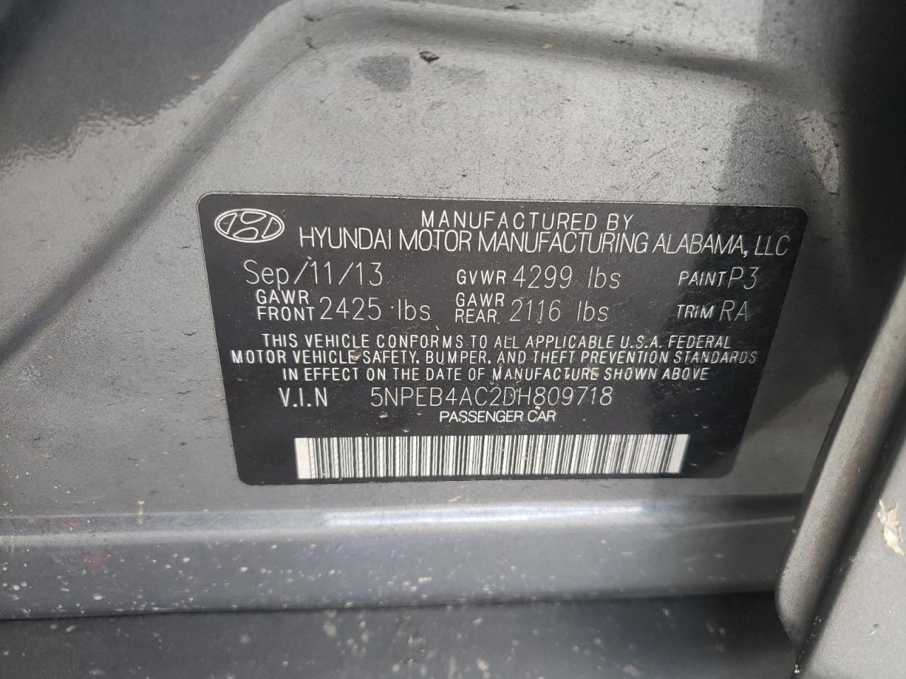 Photo 10 from auction – 2013 HYUNDAI SONATA GLS with VIN 5NPEB4AC2DH809718