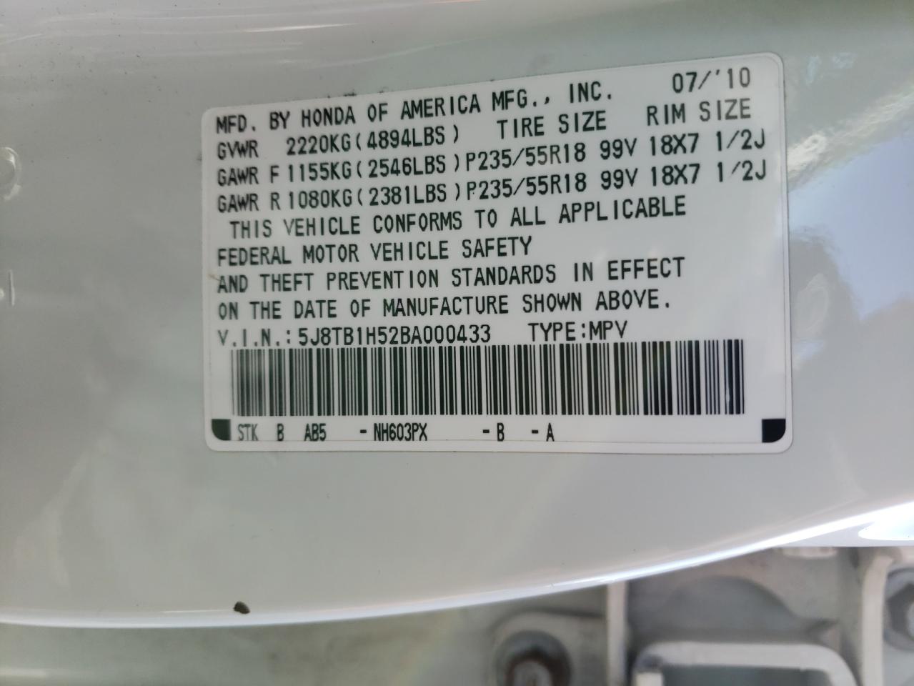 Photo 10 from auction – 2011 ACURA RDX TECHNO with VIN 5J8TB1H52BA000433