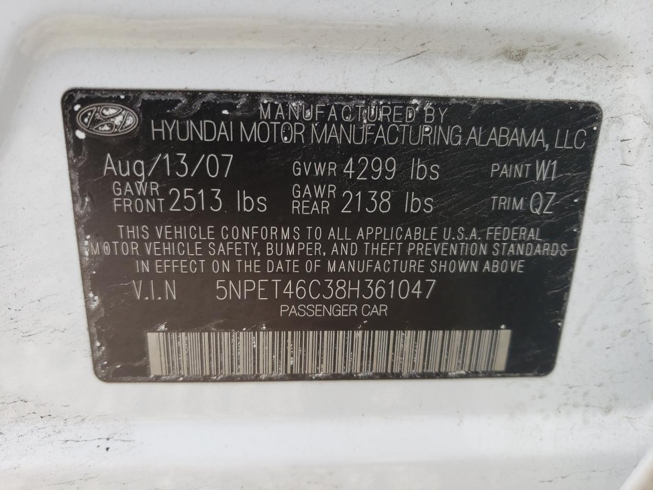 Photo 10 from auction – 2008 HYUNDAI SONATA with VIN 5NPET46C38H361047