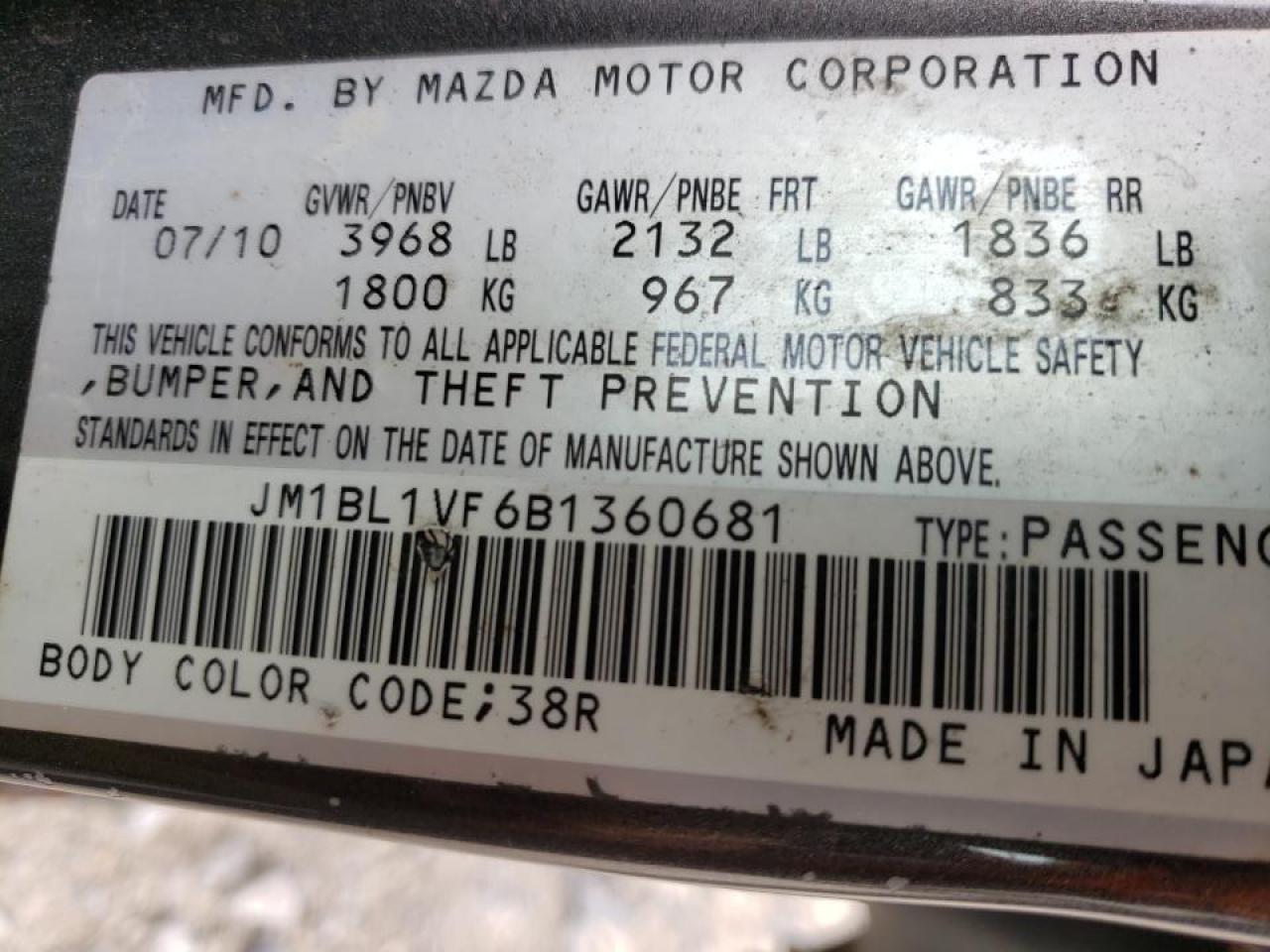 Photo 10 from auction – 2011 MAZDA 3 I with VIN JM1BL1VF6B1360681