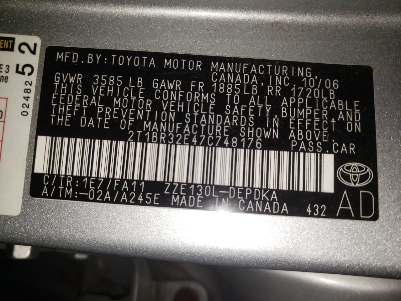 Photo 10 from auction – 2007 TOYOTA COROLLA CE with VIN 2T1BR32E47C748176