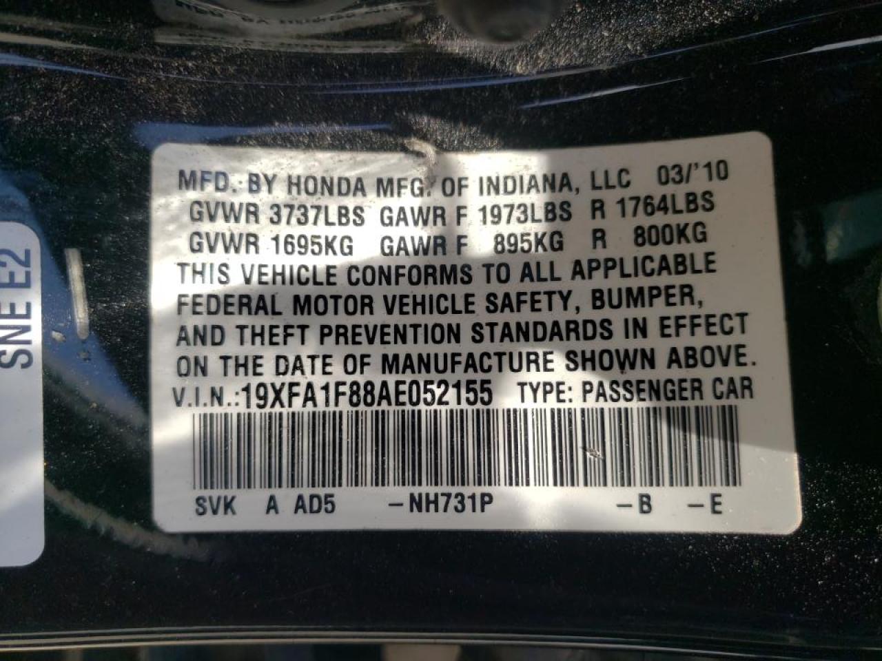 Photo 10 from auction – 2010 HONDA CIVIC EX with VIN 19XFA1F88AE052155