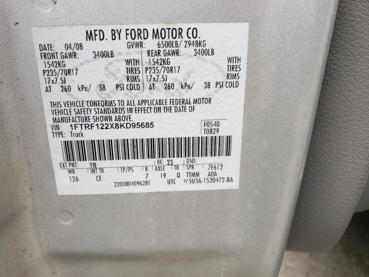 Photo 10 from auction – 2008 FORD F150 with VIN 1FTRF122X8KD95685