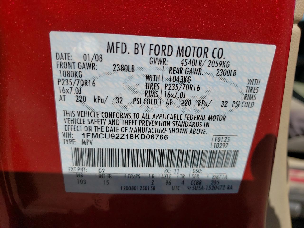 Photo 10 from auction – 2008 FORD ESCAPE XLS with VIN 1FMCU92Z18KD06766