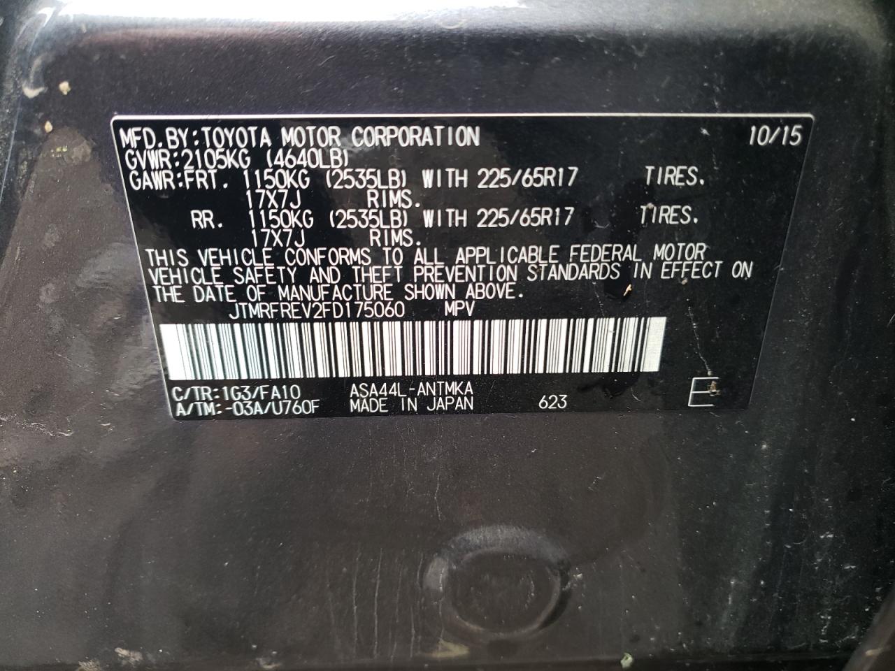 Photo 10 from auction – 2015 TOYOTA RAV4 XLE with VIN JTMRFREV2FD175060