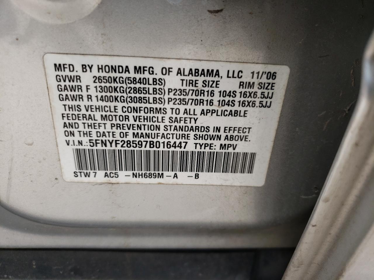 Photo 10 from auction – 2007 HONDA PILOT EXL with VIN 5FNYF28597B016447