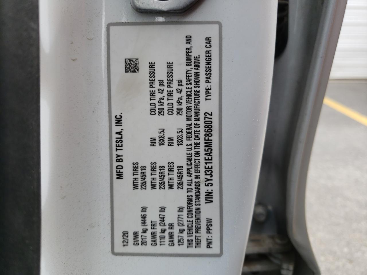 Photo 10 from auction – 2021 TESLA MODEL 3 with VIN 5YJ3E1EA5MF868072