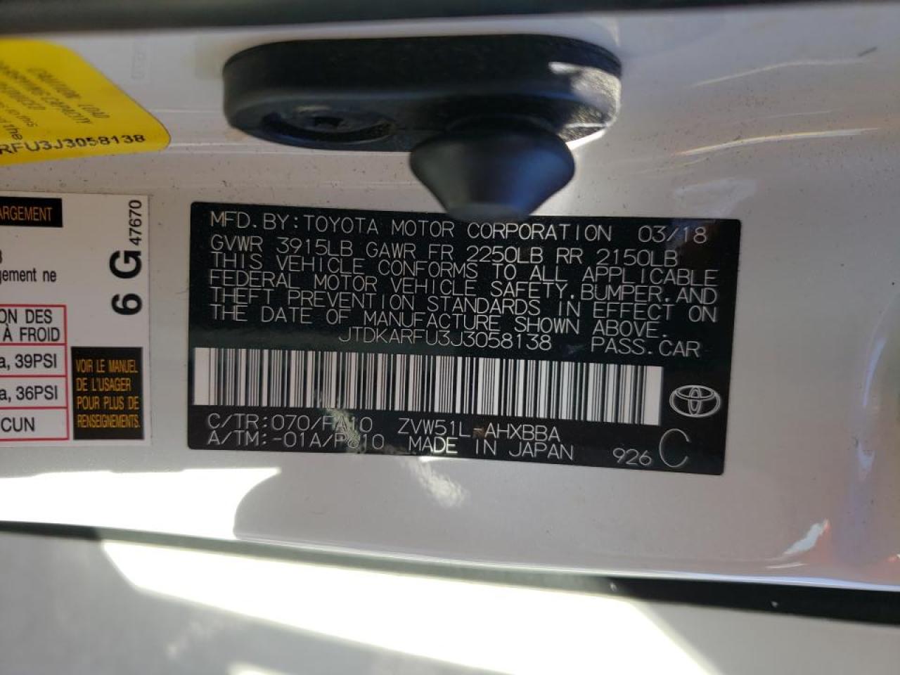 Photo 10 from auction – 2018 TOYOTA PRIUS with VIN JTDKARFU3J3058138