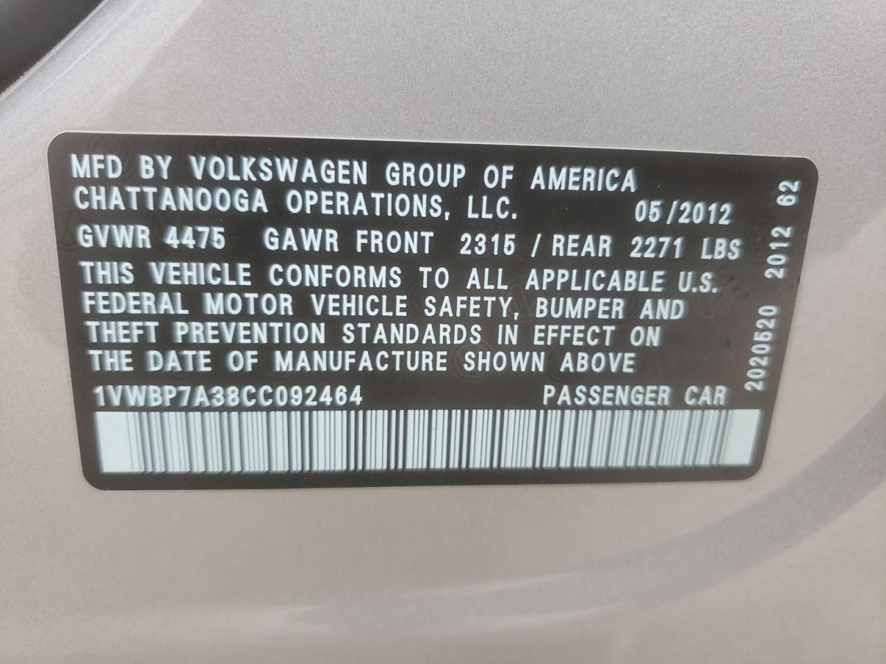 Photo 10 from auction – 2012 VOLKSWAGEN PASSAT SE with VIN 1VWBP7A38CC092464
