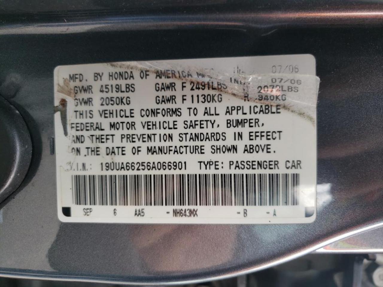 Photo 10 from auction – 2006 ACURA 3.2TL with VIN 19UUA66256A066901