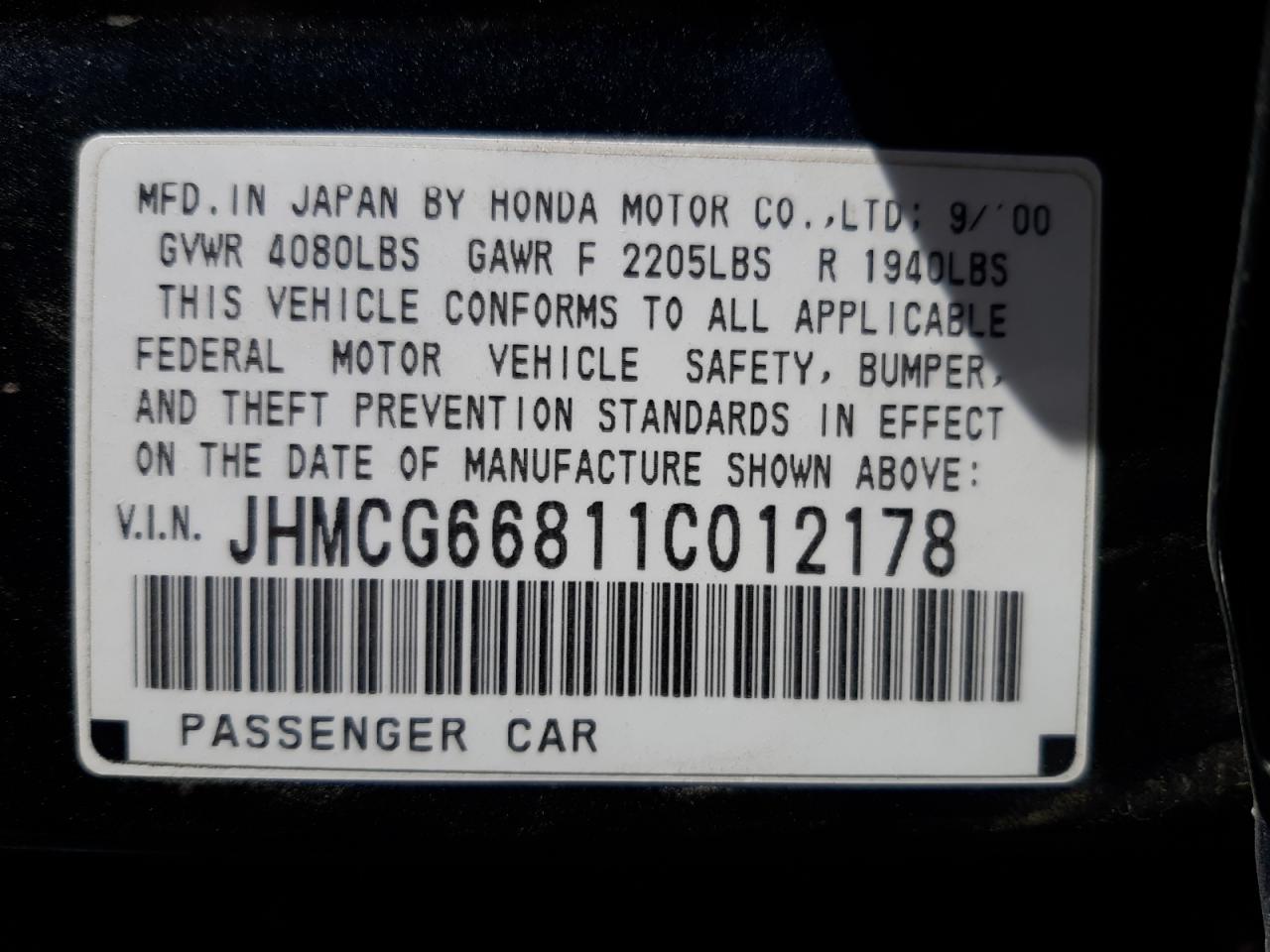 Photo 10 from auction – 2001 HONDA ACCORD EX with VIN JHMCG66811C012178