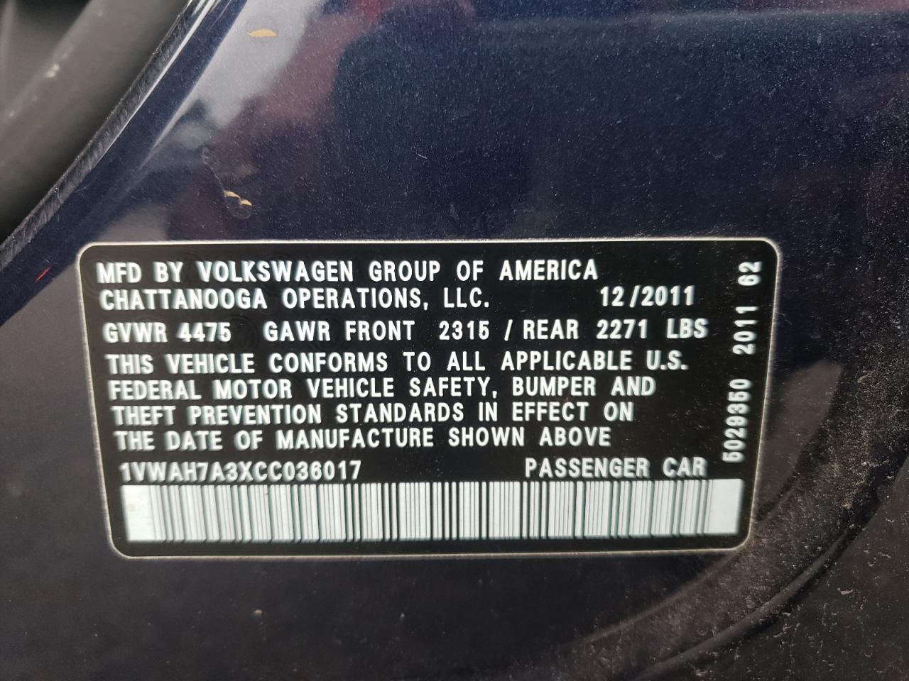 Photo 10 from auction – 2012 VOLKSWAGEN PASSAT S with VIN 1VWAH7A3XCC036017