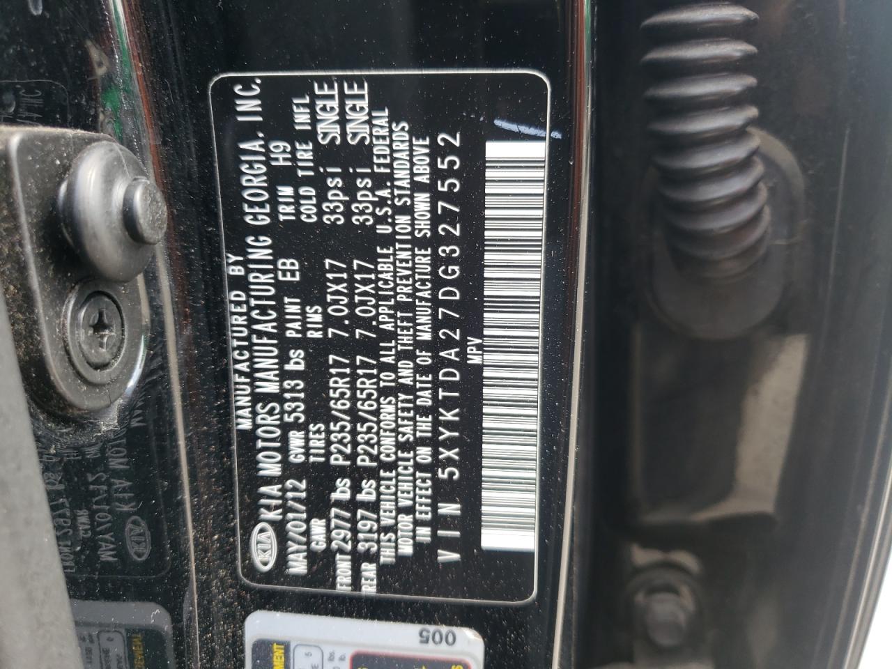 Photo 10 from auction – 2013 KIA SORENTO LX with VIN 5XYKTDA27DG327552