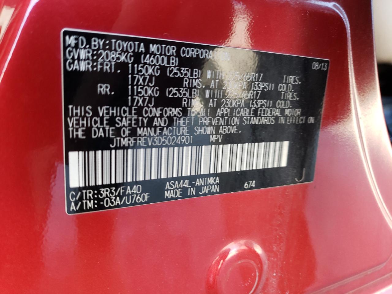 Photo 10 from auction – 2013 TOYOTA RAV4 XLE with VIN JTMRFREV3D5024901