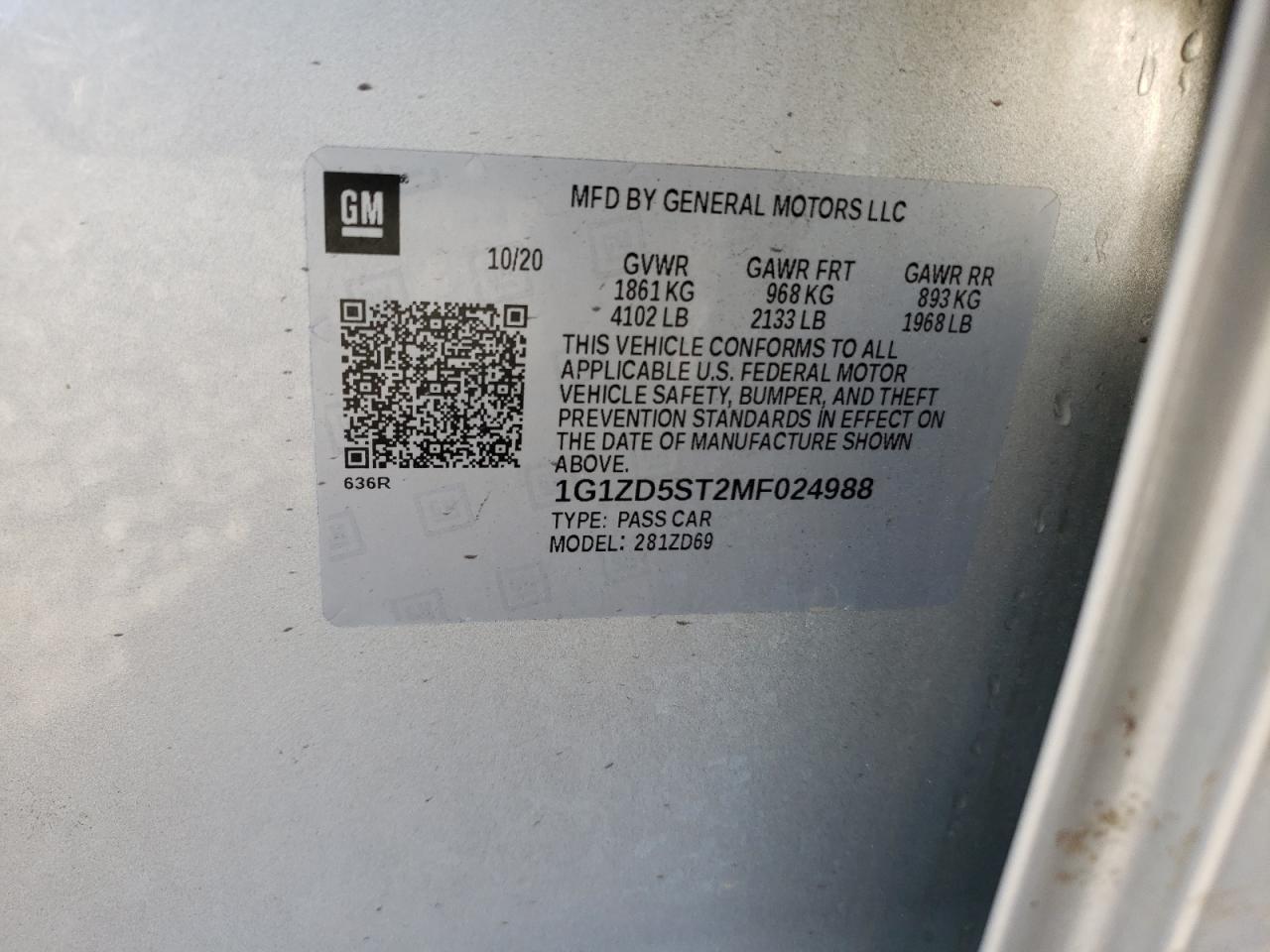 Photo 10 from auction – 2021 CHEVROLET MALIBU LT with VIN 1G1ZD5ST2MF024988