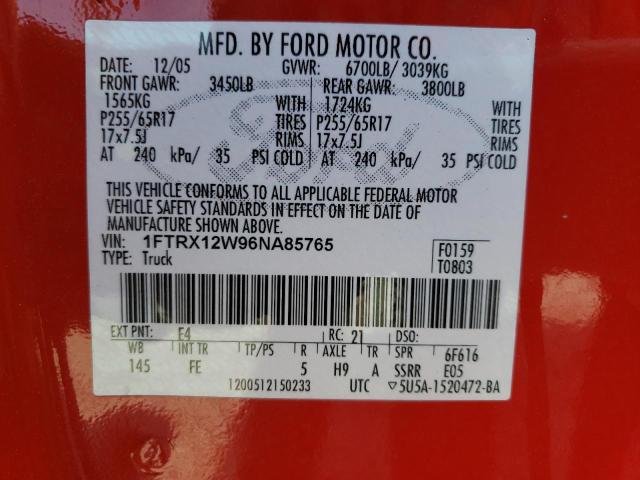 Photo 10 from auction – 2006 FORD F150 with VIN 1FTRX12W96NA85765