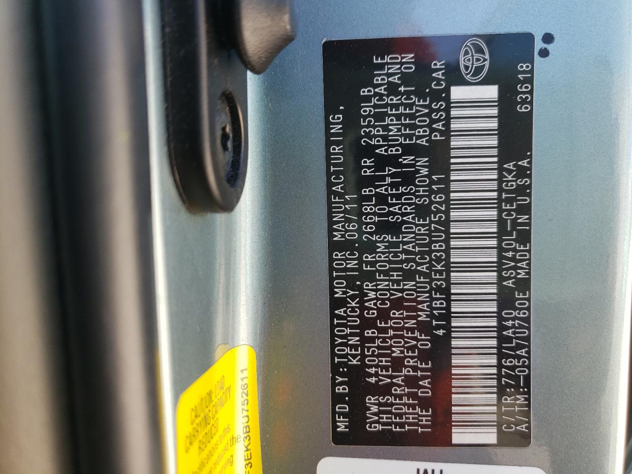 Photo 10 from auction – 2011 TOYOTA CAMRY BASE with VIN 4T1BF3EK3BU752611