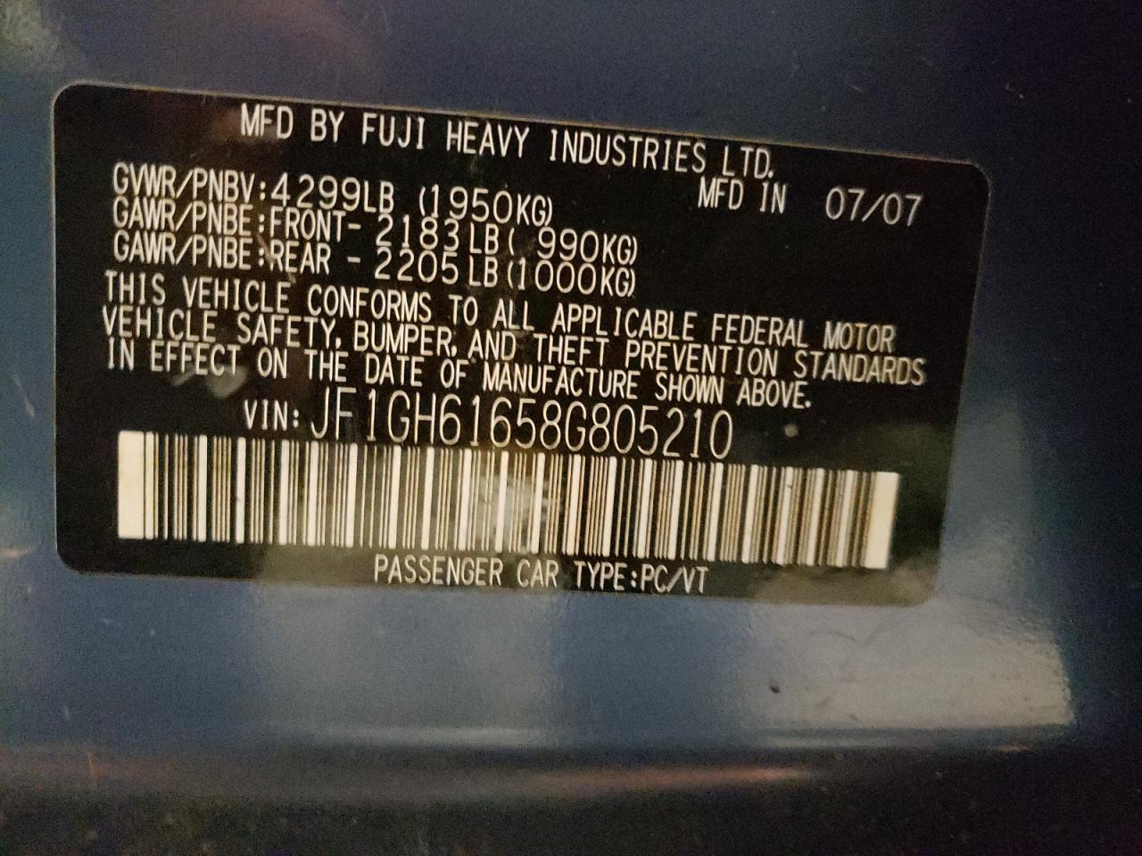 Photo 10 from auction – 2008 SUBARU IMPREZA 2. with VIN JF1GH61658G805210
