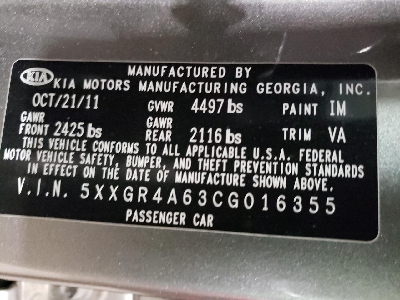 Photo 10 from auction – 2012 KIA OPTIMA with VIN 5XXGR4A63CG016355