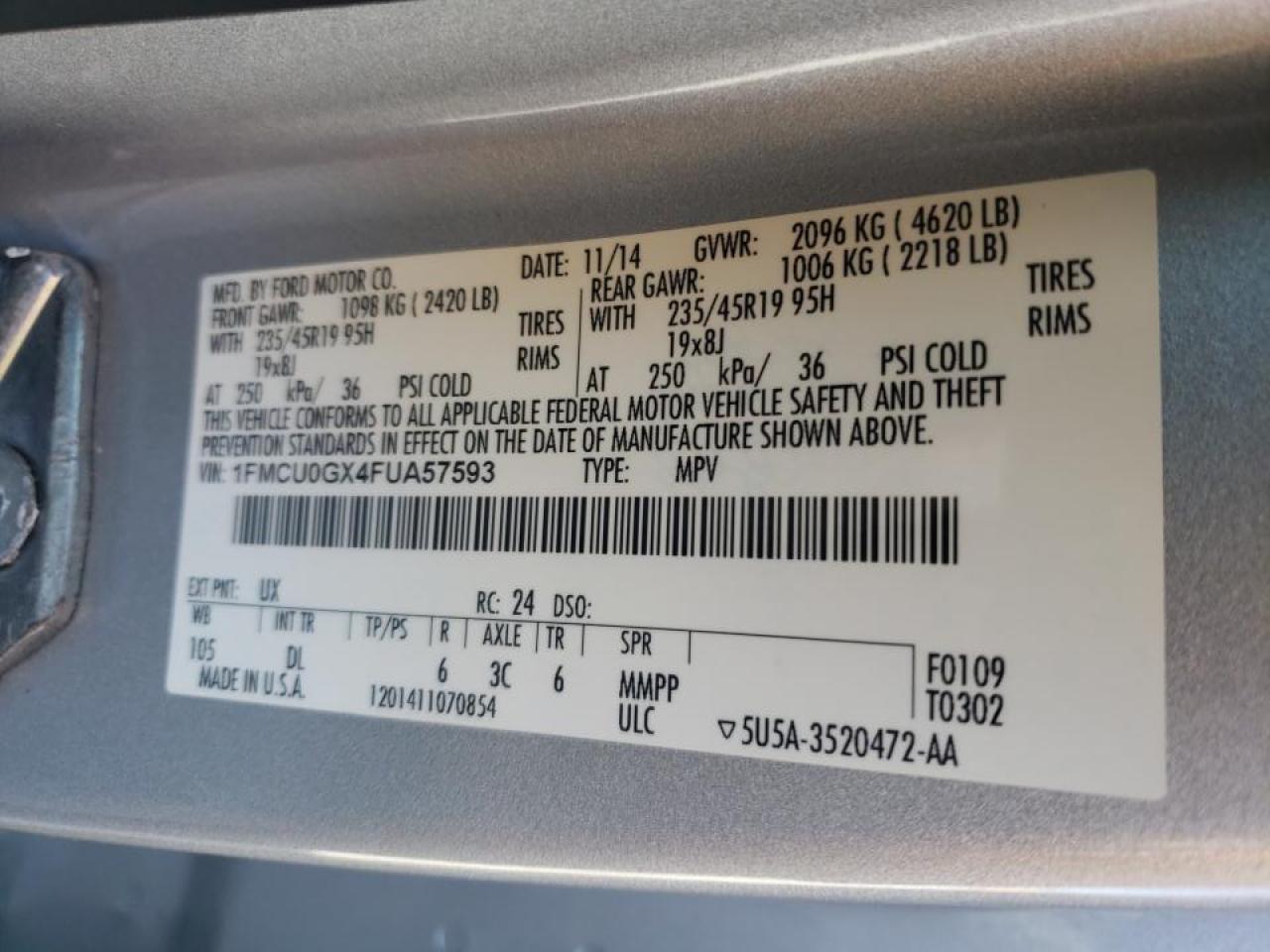Photo 10 from auction – 2015 FORD ESCAPE SE with VIN 1FMCU0GX4FUA57593