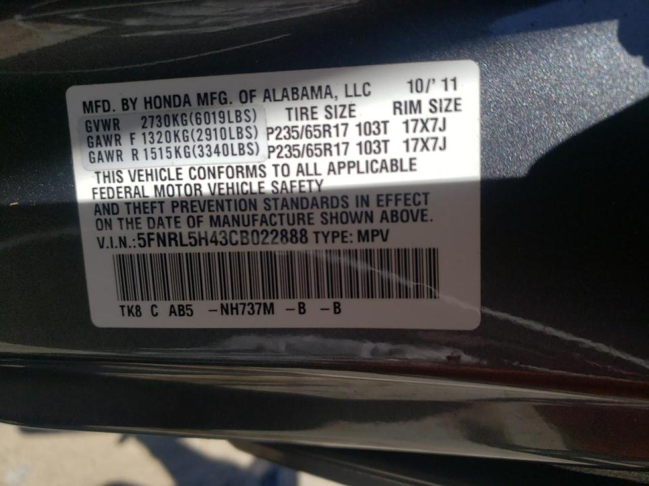 Photo 10 from auction – 2012 HONDA ODYSSEY EX with VIN 5FNRL5H43CB022888