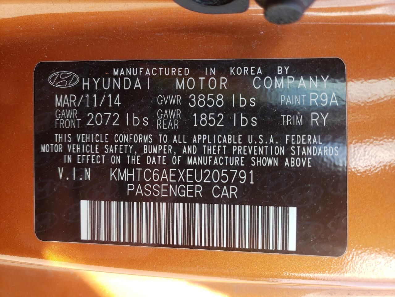 Photo 10 from auction – 2014 HYUNDAI VELOSTER T with VIN KMHTC6AEXEU205791