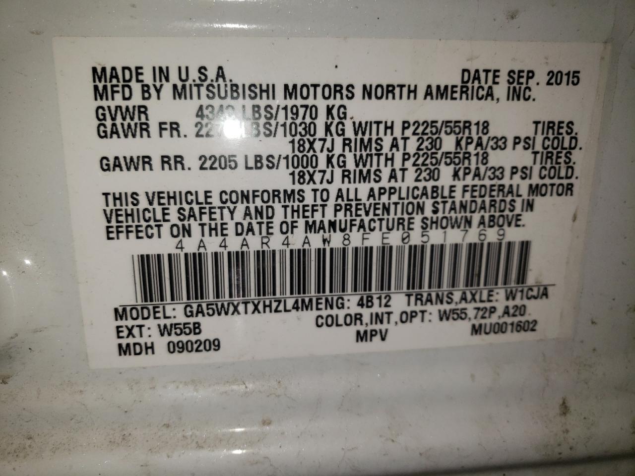 Photo 10 from auction – 2015 MITSUBISHI OUTLANDER with VIN 4A4AR4AW8FE051769