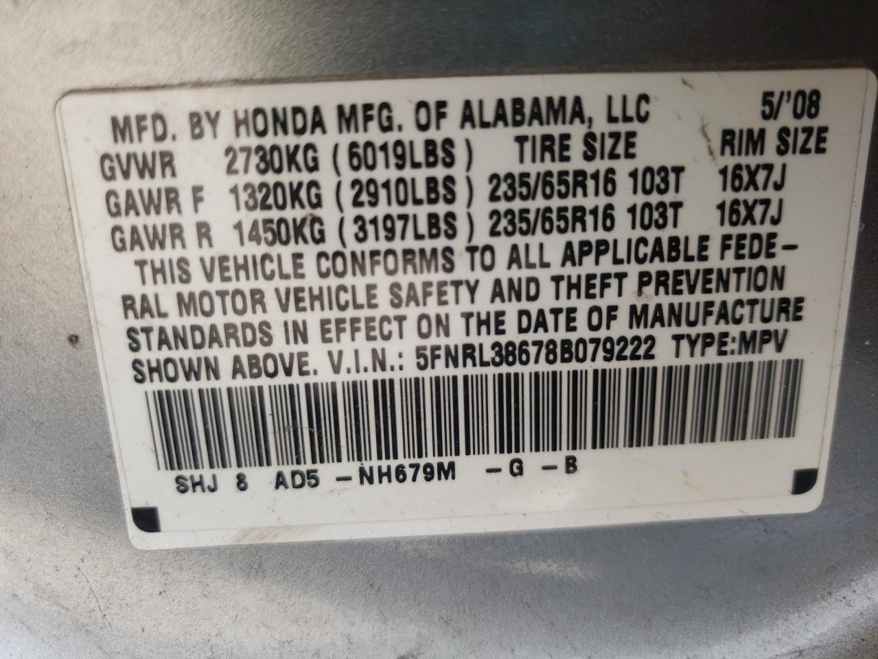 Photo 10 from auction – 2008 HONDA ODYSSEY EX with VIN 5FNRL38678B079222