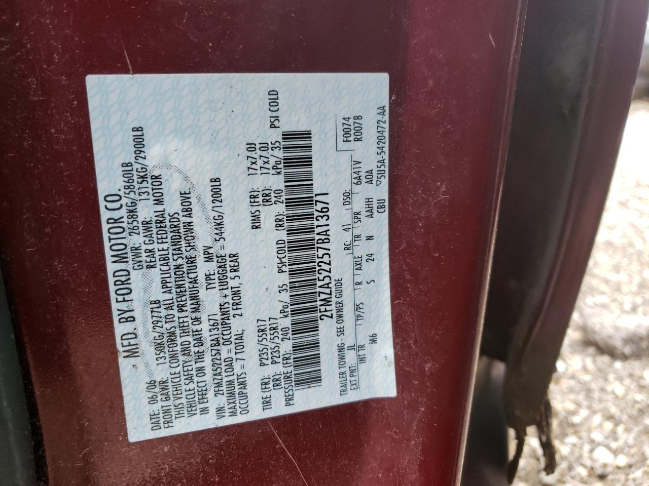 Photo 10 from auction – 2007 FORD FREESTAR S with VIN 2FMZA52257BA13671