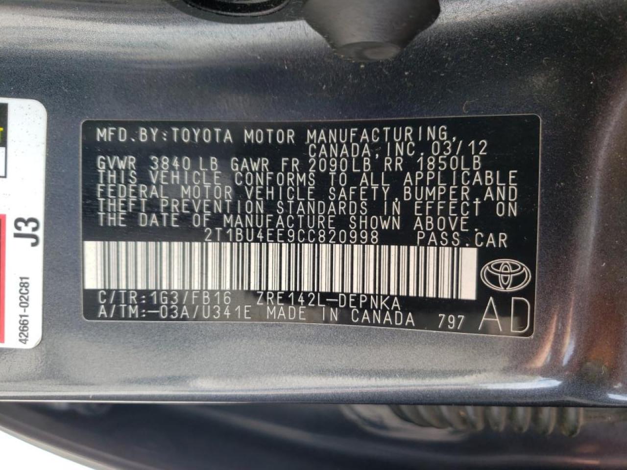 Photo 10 from auction – 2012 TOYOTA COROLLA BA with VIN 2T1BU4EE9CC820998