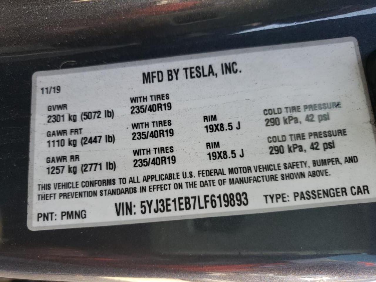 Photo 10 from auction – 2020 TESLA MODEL 3 with VIN 5YJ3E1EB7LF619893