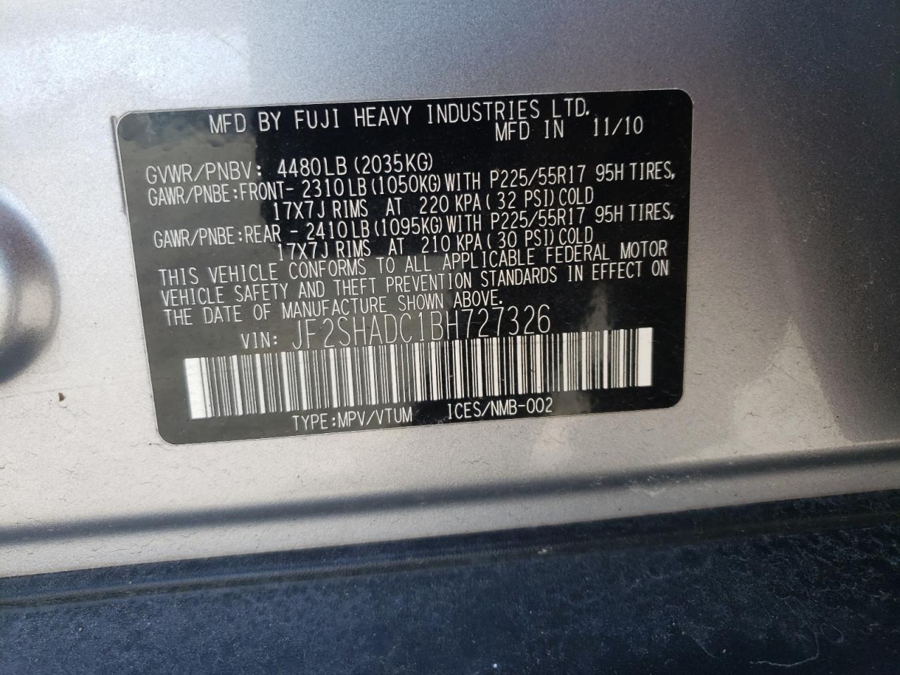 Photo 10 from auction – 2011 SUBARU FORESTER 2 with VIN JF2SHADC1BH727326