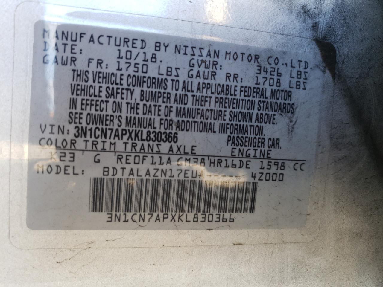 Photo 10 from auction – 2019 NISSAN VERSA S with VIN 3N1CN7APXKL830366