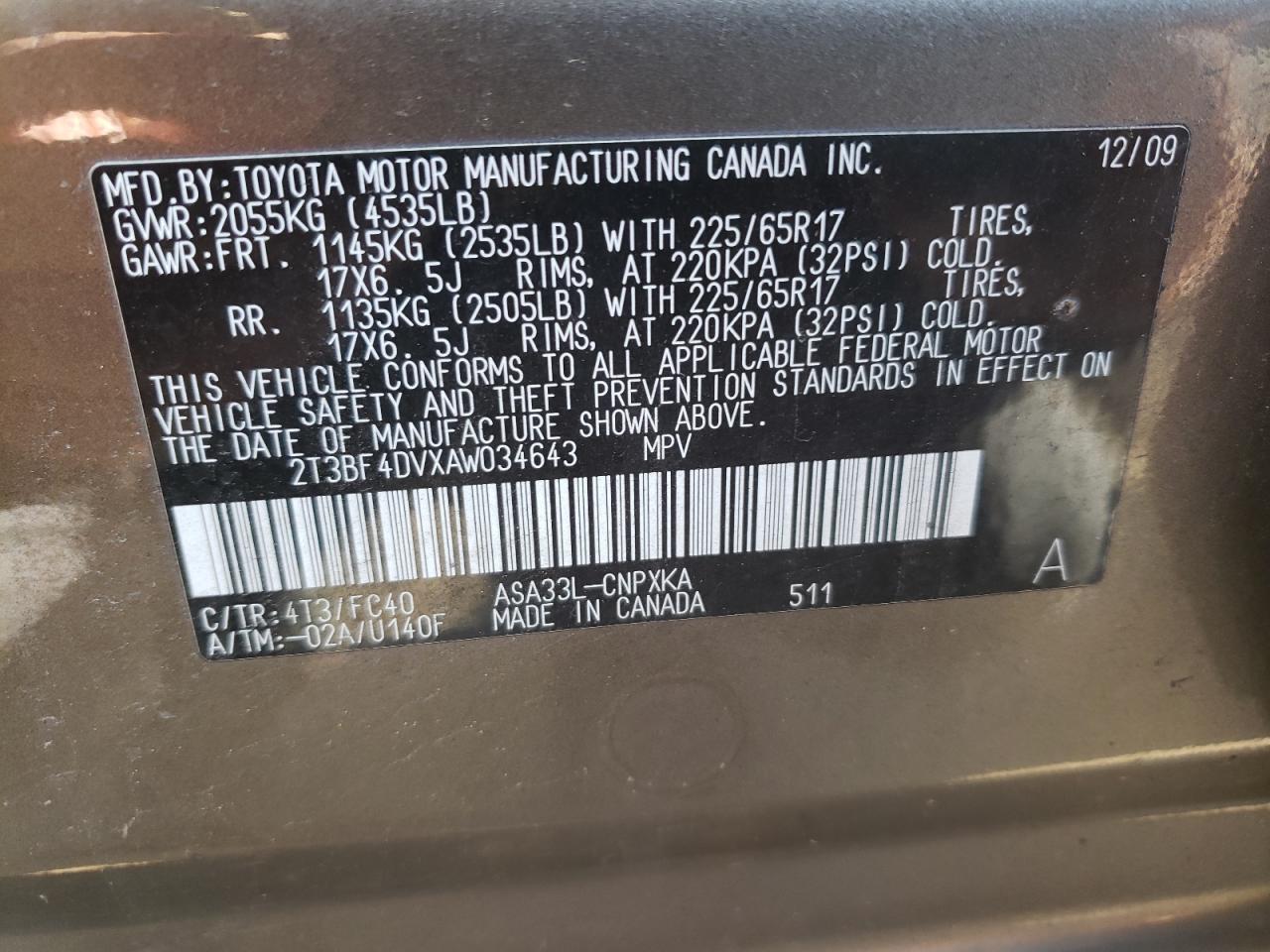 Photo 10 from auction – 2010 TOYOTA RAV4 with VIN 2T3BF4DVXAW034643