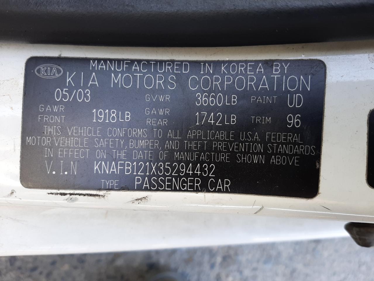Photo 10 from auction – 2003 KIA SPECTRA BA with VIN KNAFB121X35294432