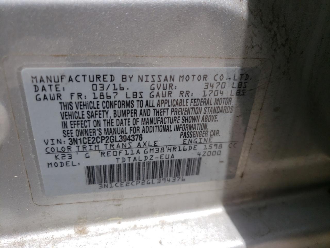 Photo 10 from auction – 2016 NISSAN VERSA NOTE with VIN 3N1CE2CP2GL394376