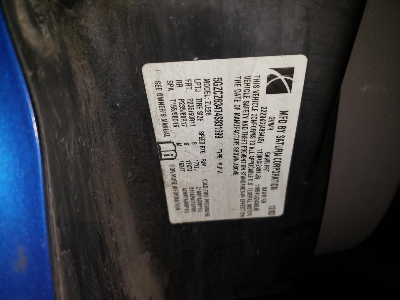 Photo 10 from auction – 2004 SATURN VUE with VIN 5GZCZ63474S831699
