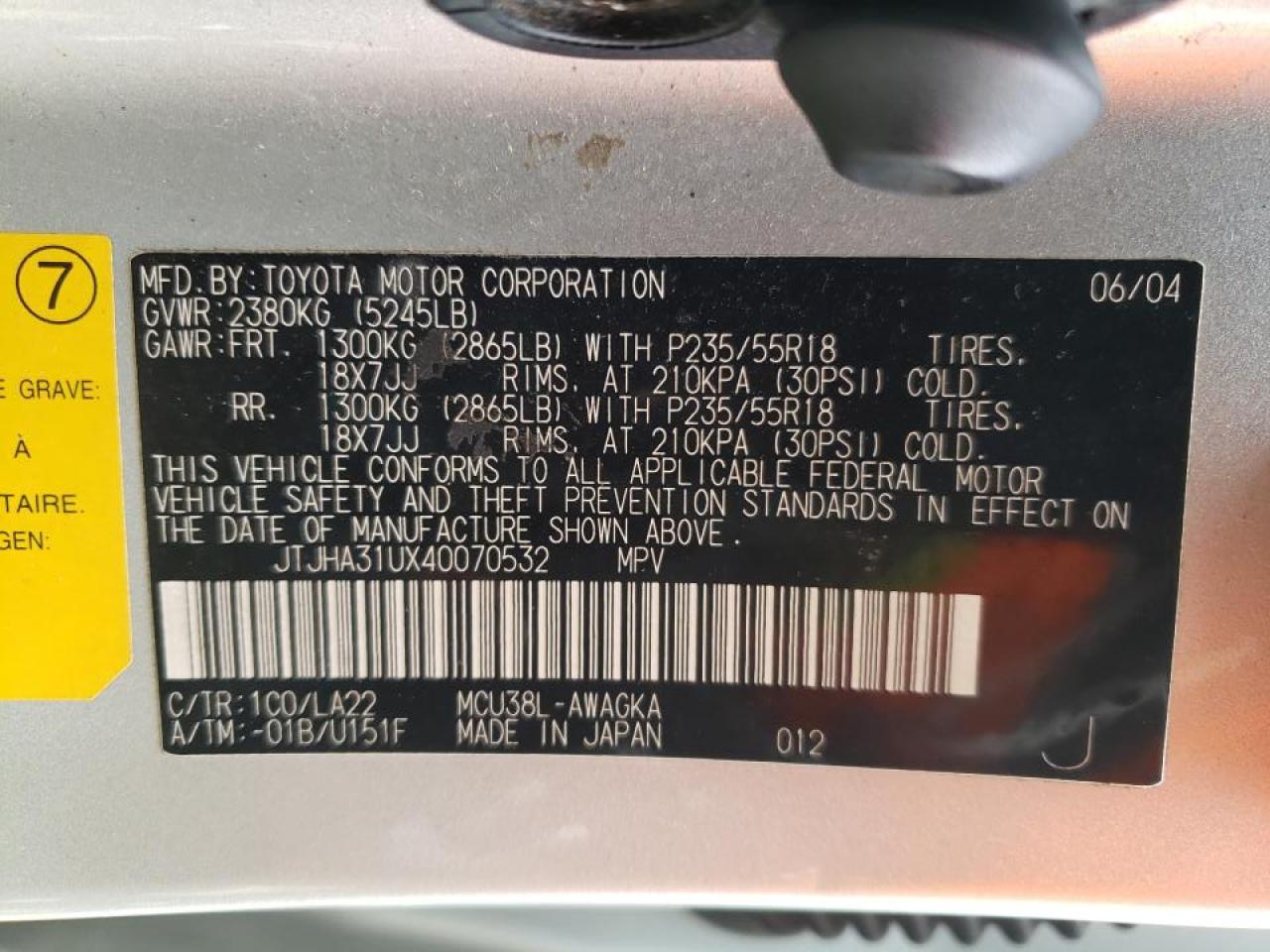 Photo 10 from auction – 2004 LEXUS RX 330 with VIN JTJHA31UX40070532