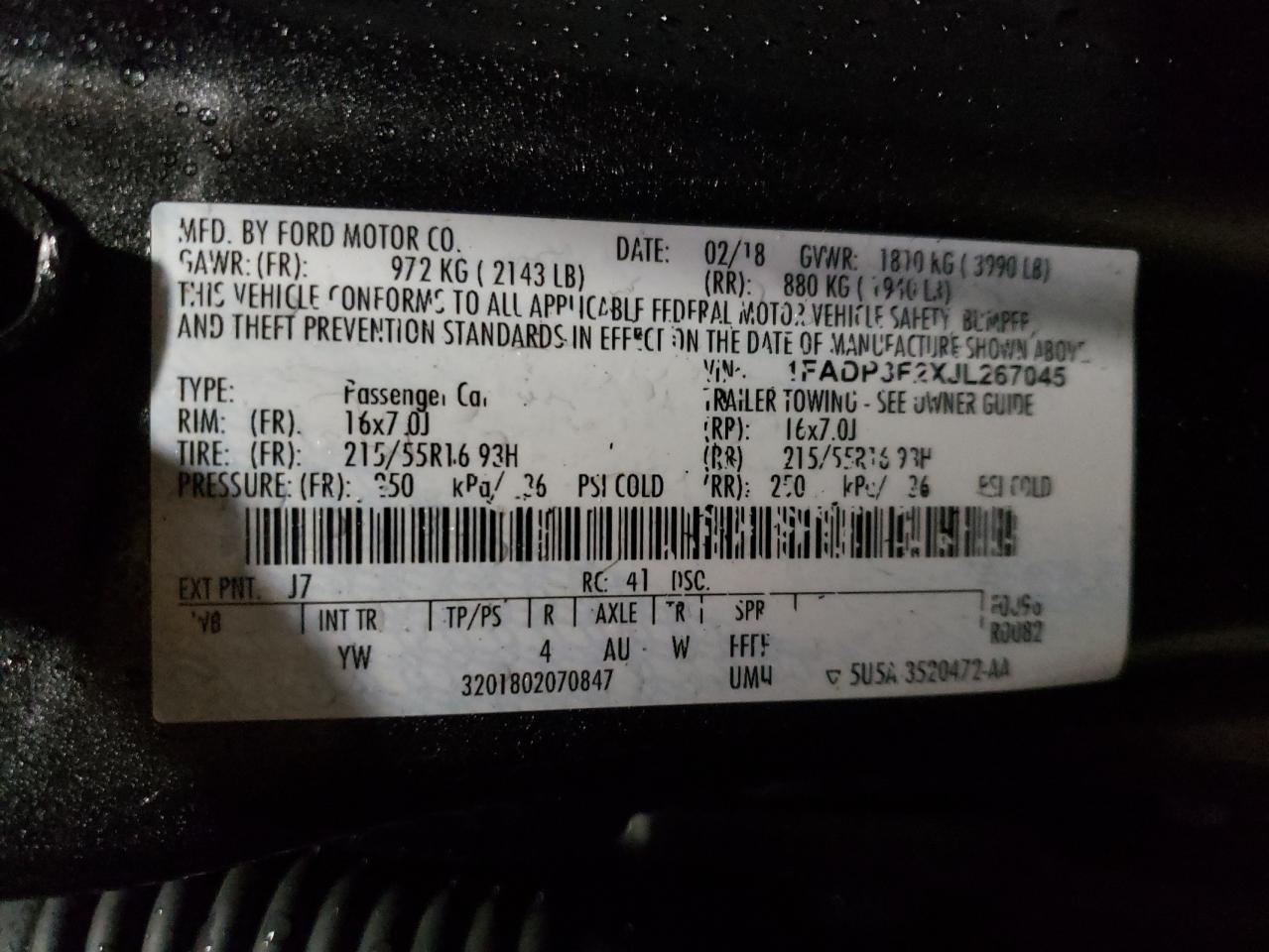 Photo 10 from auction – 2018 FORD FOCUS SE with VIN 1FADP3F2XJL267045