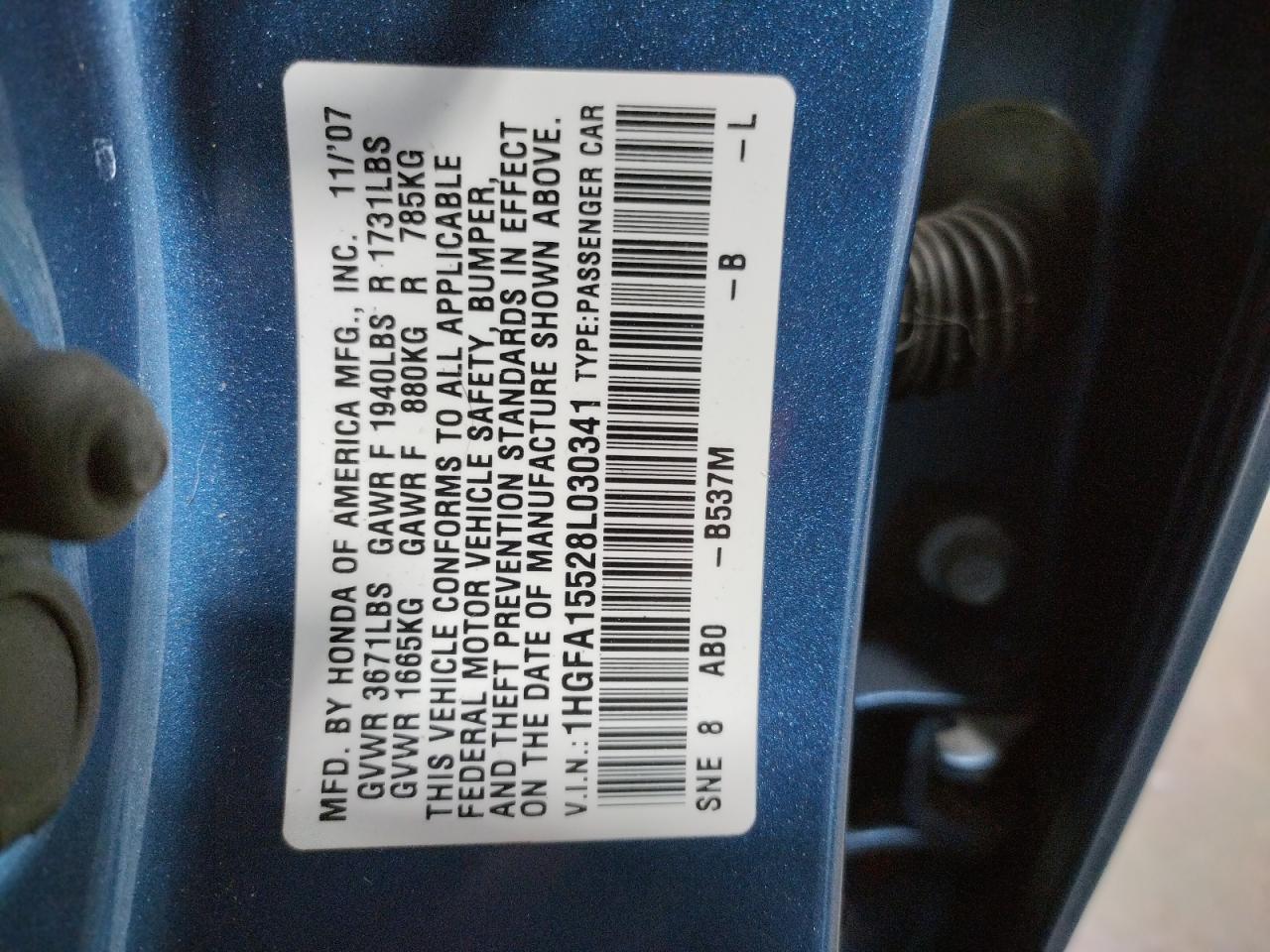 Photo 10 from auction – 2008 HONDA CIVIC LX with VIN 1HGFA15528L030341