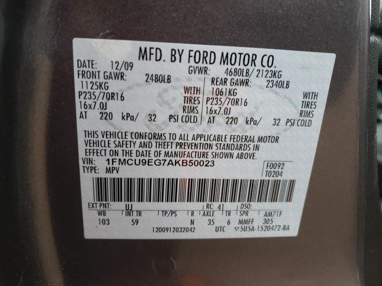 Photo 10 from auction – 2010 FORD ESCAPE LIM with VIN 1FMCU9EG7AKB50023