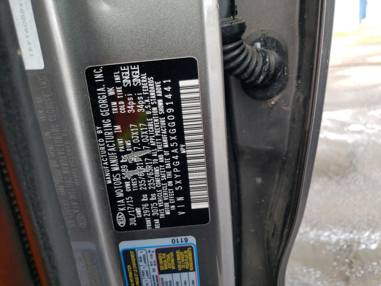 Photo 10 from auction – 2016 KIA SORENTO LX with VIN 5XYPG4A5XGG091441