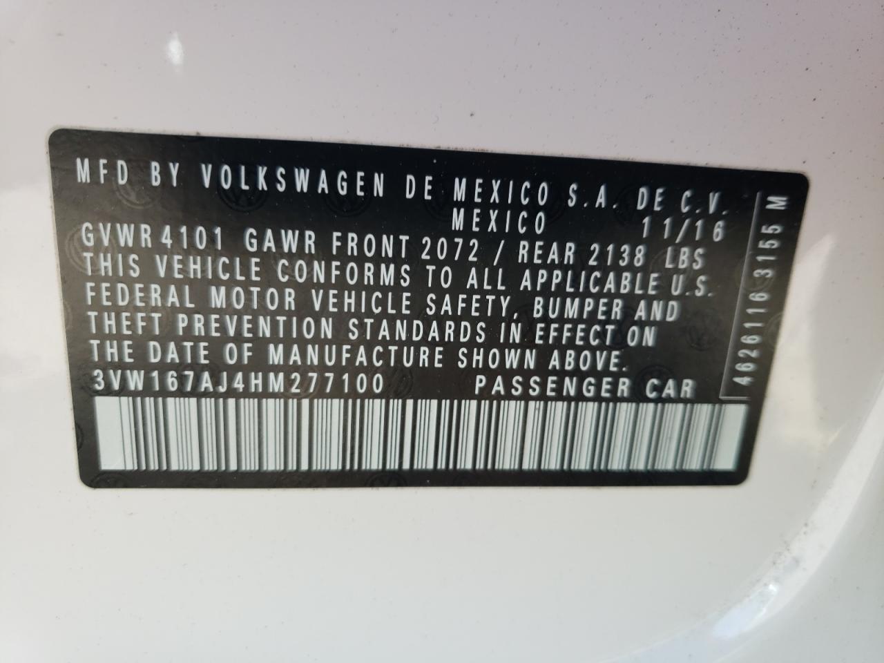 Photo 10 from auction – 2017 VOLKSWAGEN JETTA S with VIN 3VW167AJ4HM277100