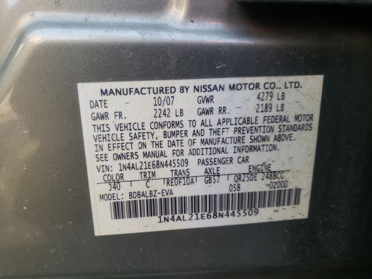 Photo 10 from auction – 2008 NISSAN ALTIMA 2.5 with VIN 1N4AL21E68N445509