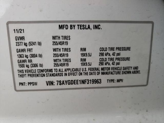 Photo 10 from auction – 2022 TESLA MODEL Y with VIN 7SAYGDEE1NF319963
