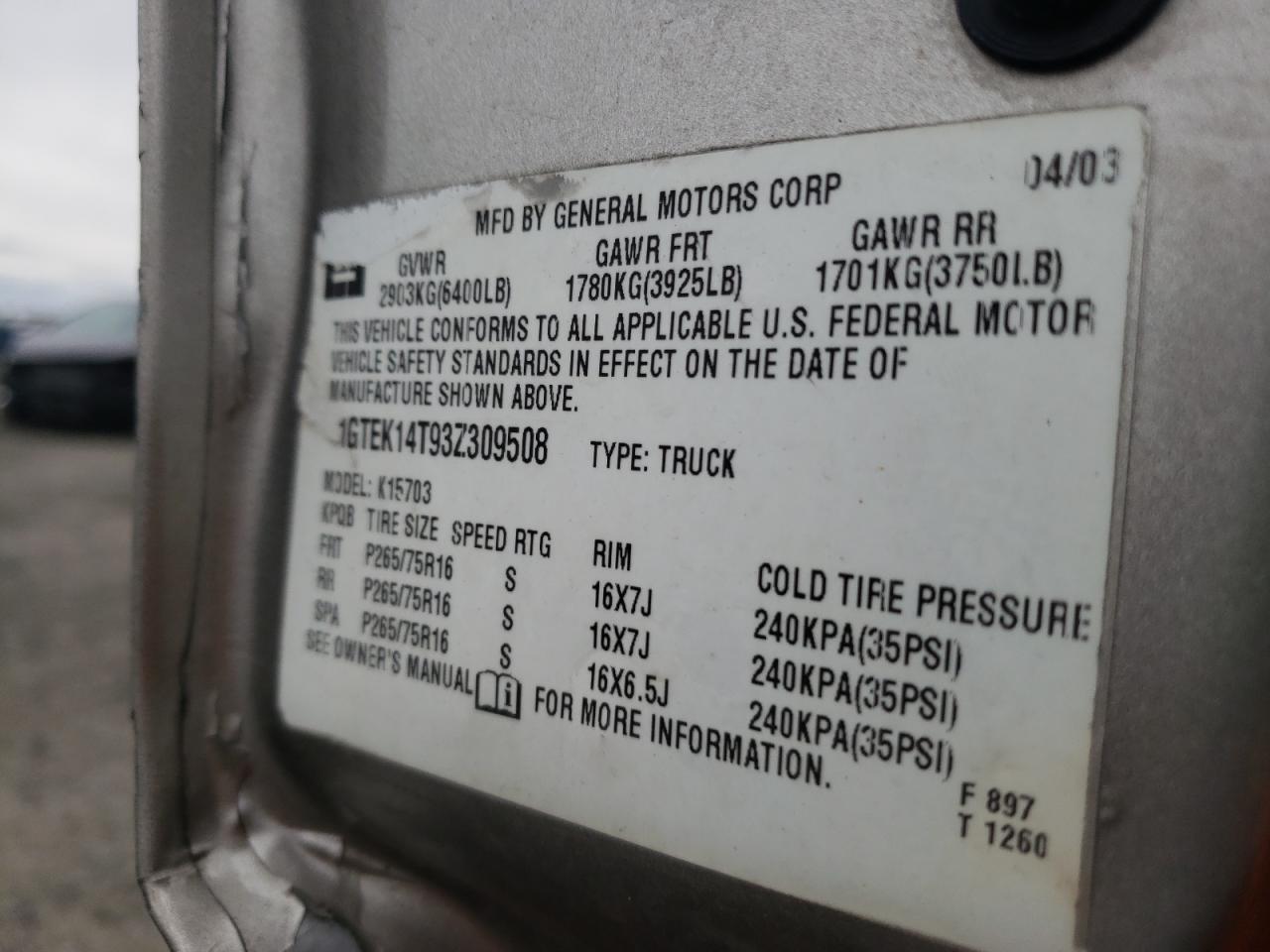 Photo 10 from auction – 2003 GMC NEW SIERRA with VIN 1GTEK14T93Z309508