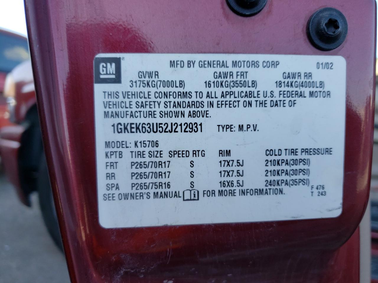 Photo 10 from auction – 2002 GMC DENALI with VIN 1GKEK63U52J212931