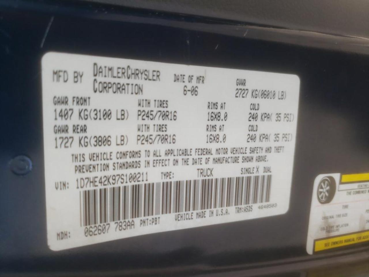 Photo 10 from auction – 2007 DODGE DAKOTA SLT with VIN 1D7HE42K97S100211