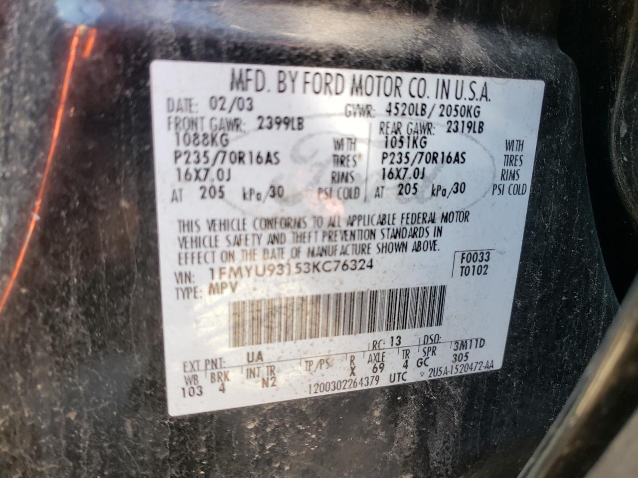 Photo 10 from auction – 2003 FORD ESCAPE XLT with VIN 1FMYU93153KC76324