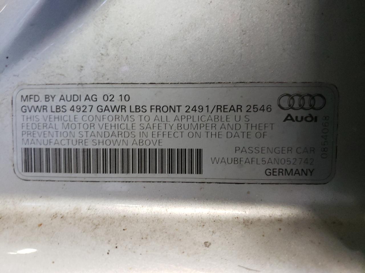Photo 10 from auction – 2010 AUDI A4 PREMIUM with VIN WAUBFAFL5AN052742